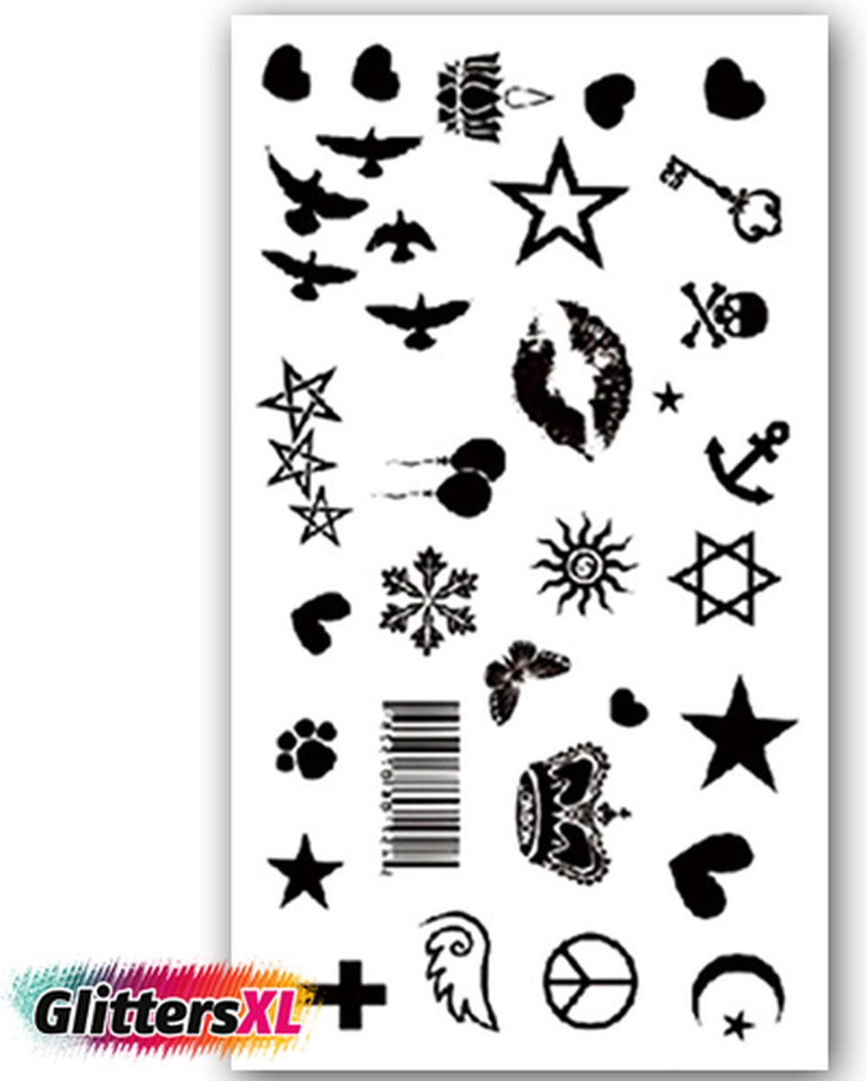 GlittersXL - Temporary Tattoo Ster/Hart/Vogel/Vlinder/Kroos/Kiss (10x6 cm) [Neptattoo - Tijdelijke tatoeage - Nep Fake Tattoos - Water overdraagbare festival sticker henna outfit tattoo - Glitter tattoo - Volwassenen Kinderen Jongen Meisje]